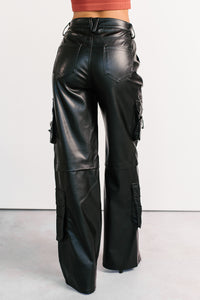 Burke Faux Leather Wide Leg Cargo Pants (Black) - NanaMacs