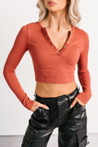 Starstruck Smiles Ribbed Henley Crop Top (Rust) - NanaMacs