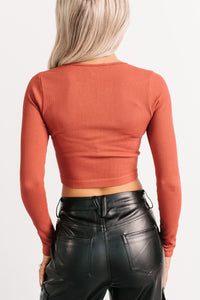 Starstruck Smiles Ribbed Henley Crop Top (Rust) - NanaMacs