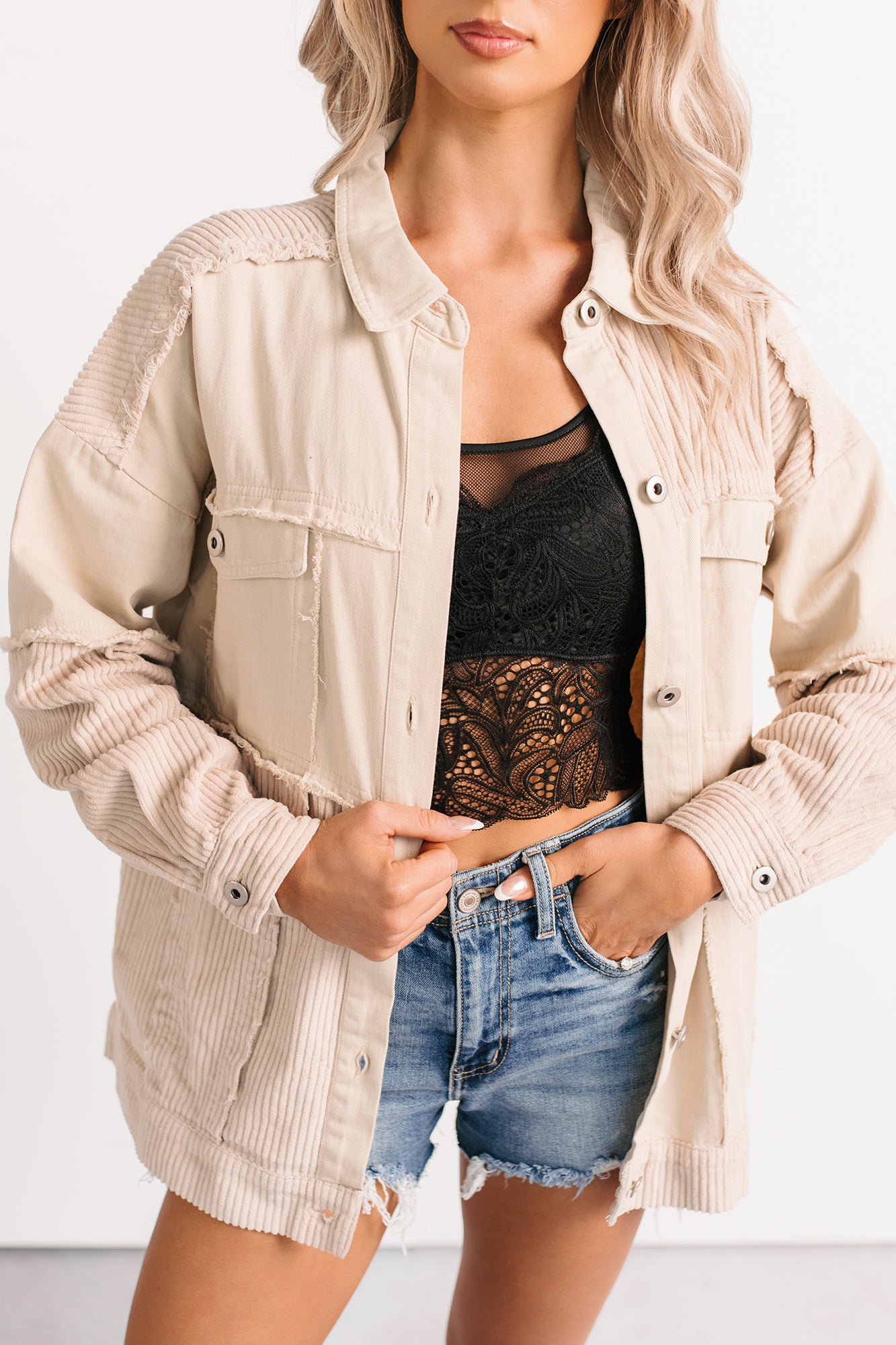 Always Luminous Patchwork Denim Jacket (Ecru) - NanaMacs