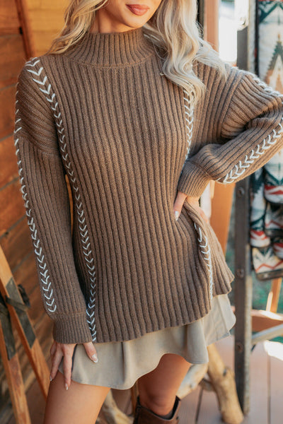 Down Time Stitch Detail Cable Knit Sweater (Brown) - NanaMacs