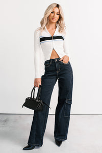 Dream State Ribbed Knit Zip-Up Striped Top (White) - NanaMacs