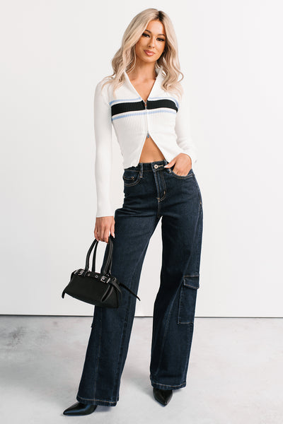 Dream State Ribbed Knit Zip-Up Striped Top (White) - NanaMacs