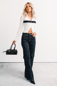 Dream State Ribbed Knit Zip-Up Striped Top (White) - NanaMacs