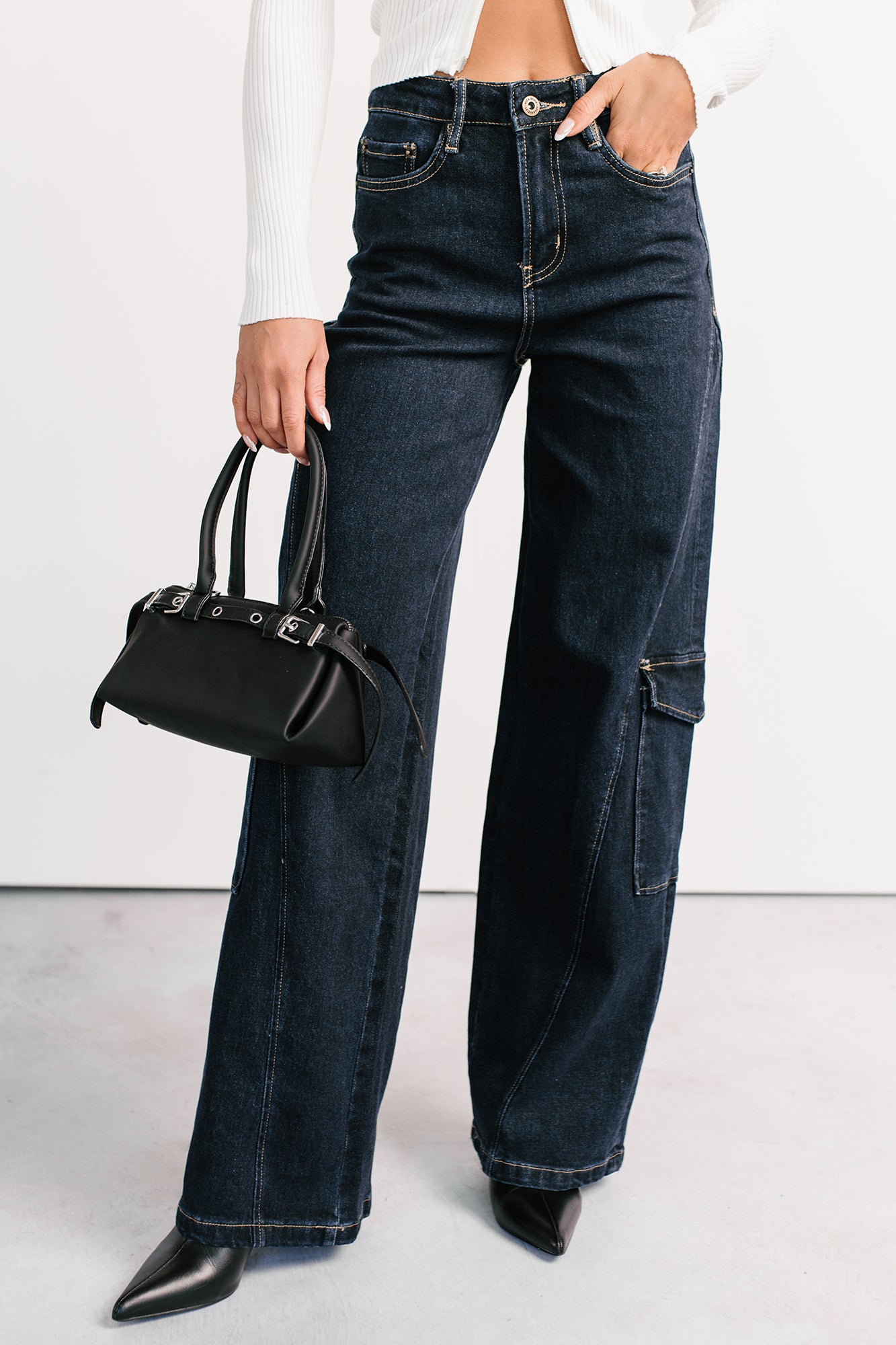 Crosby Wide Leg Mica Denim Cargo Jeans (Dark Wash) - NanaMacs