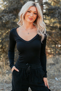 Balanced Days V Neck Ribbed Top (Black) - NanaMacs