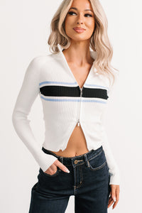 Dream State Ribbed Knit Zip-Up Striped Top (White) - NanaMacs