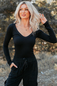 Balanced Days V Neck Ribbed Top (Black) - NanaMacs