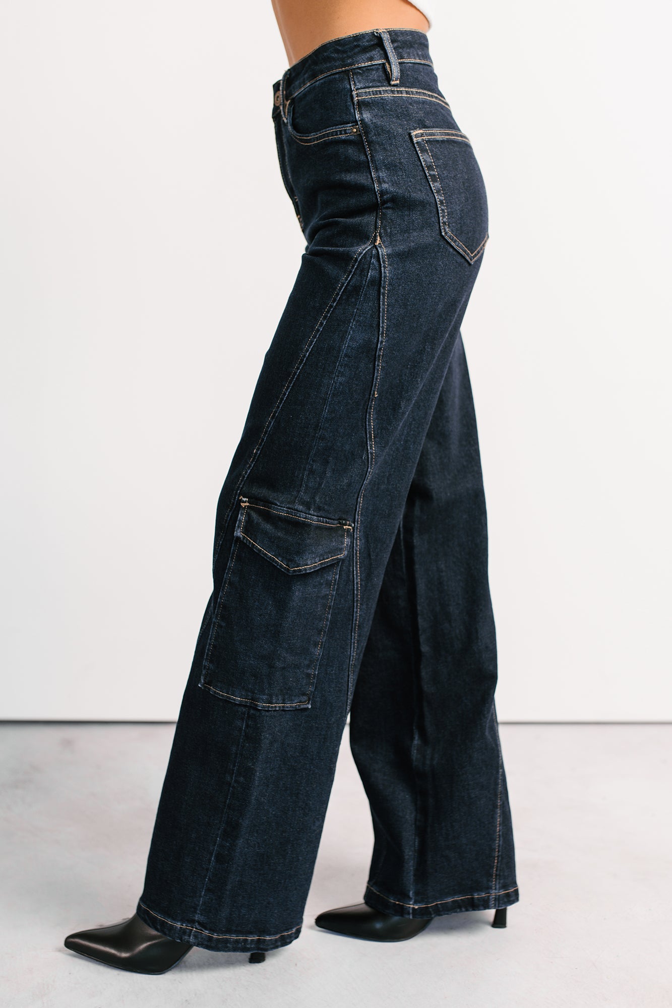 Crosby Wide Leg Mica Denim Cargo Jeans (Dark Wash) - NanaMacs