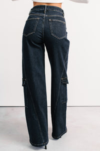 Crosby Wide Leg Mica Denim Cargo Jeans (Dark Wash) - NanaMacs