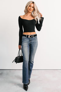 Cute As Ever Ribbed Long Sleeve Knit Crop Top (Black) - NanaMacs