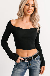 Cute As Ever Ribbed Long Sleeve Knit Crop Top (Black) - NanaMacs