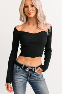 Cute As Ever Ribbed Long Sleeve Knit Crop Top (Black) - NanaMacs