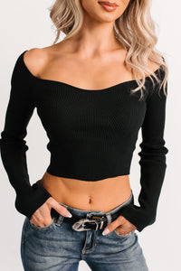 Cute As Ever Ribbed Long Sleeve Knit Crop Top (Black) - NanaMacs