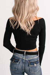 Cute As Ever Ribbed Long Sleeve Knit Crop Top (Black) - NanaMacs