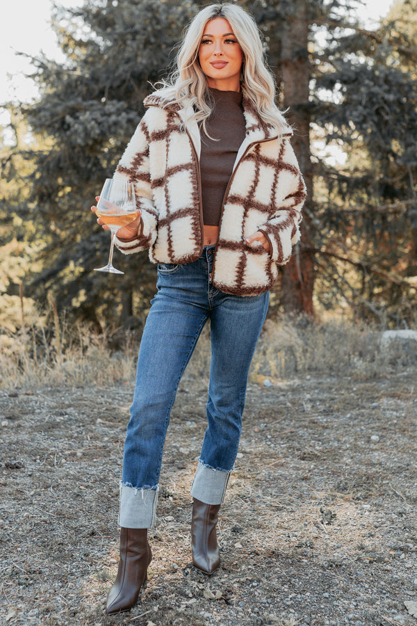 Cozy Carols Check Print Fleece Jacket (Cream/Chocolate) - NanaMacs