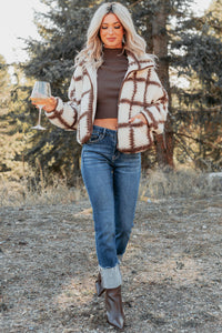 Cozy Carols Check Print Fleece Jacket (Cream/Chocolate) - NanaMacs