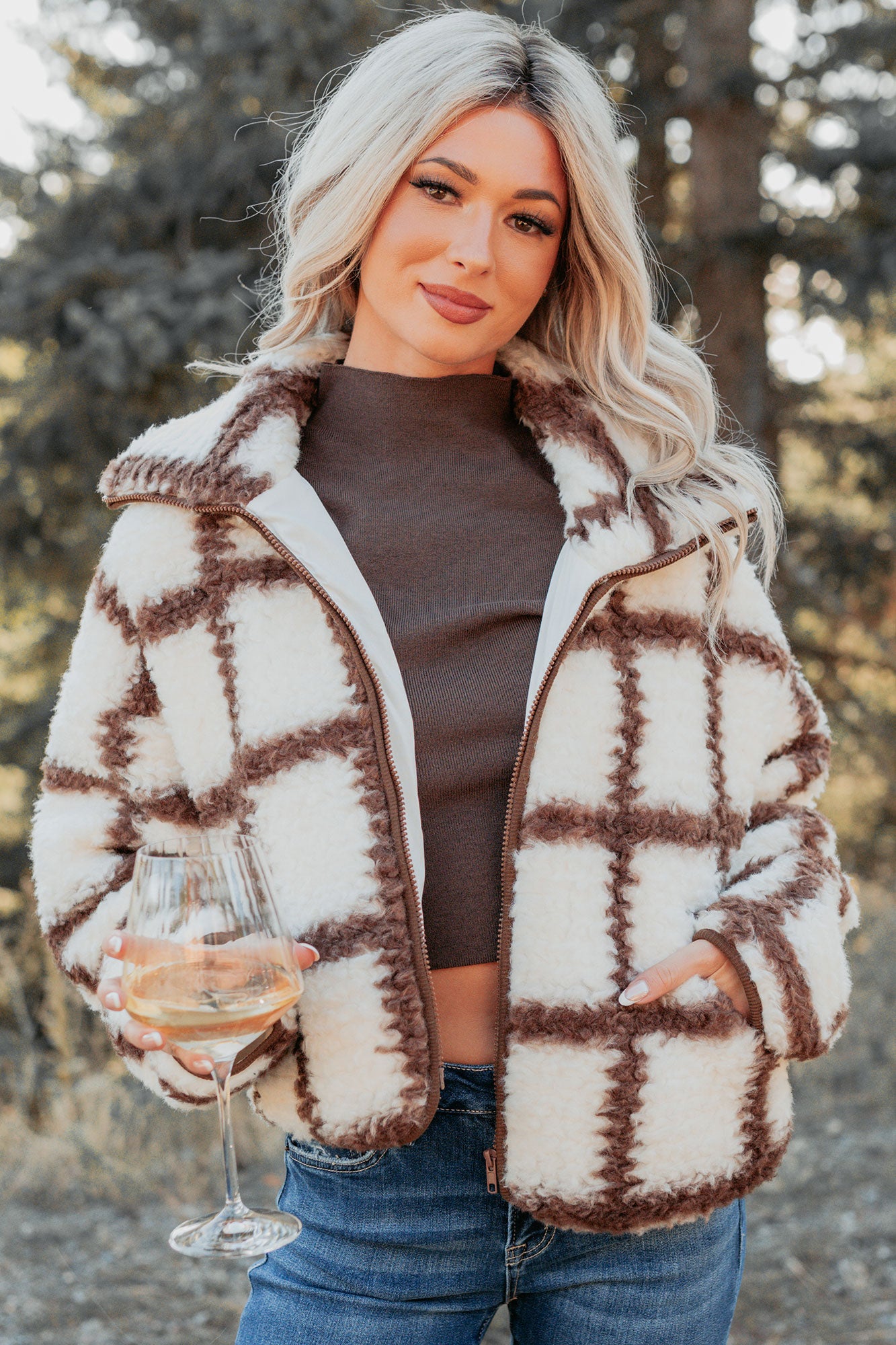 Cozy Carols Check Print Fleece Jacket (Cream/Chocolate) - NanaMacs