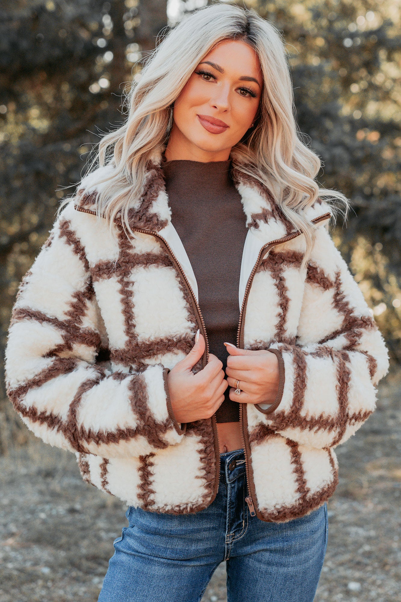 Cozy Carols Check Print Fleece Jacket (Cream/Chocolate) - NanaMacs