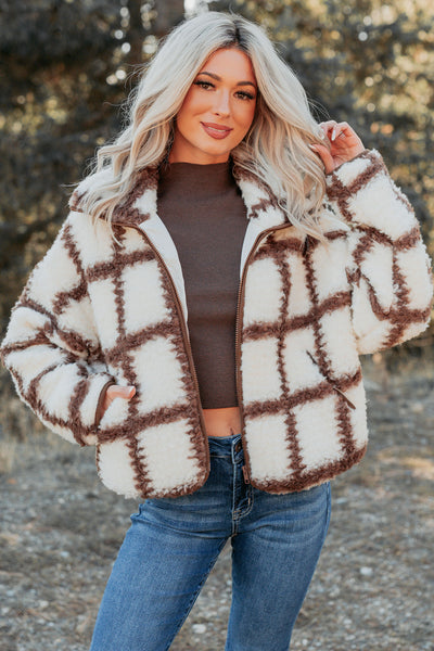 Cozy Carols Check Print Fleece Jacket (Cream/Chocolate) - NanaMacs