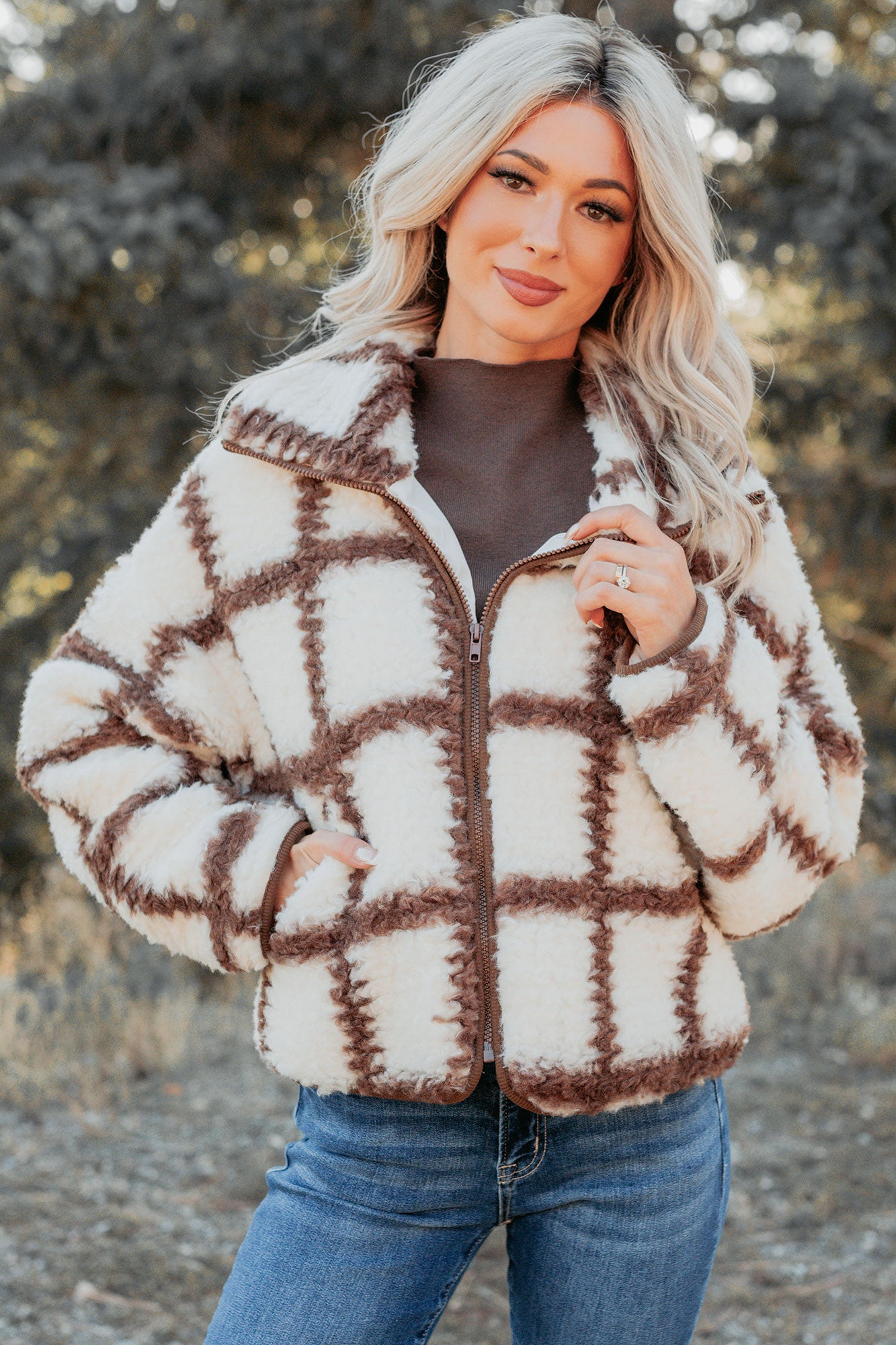 Cozy Carols Check Print Fleece Jacket (Cream/Chocolate) - NanaMacs