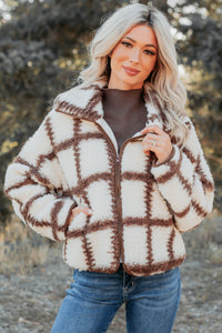 Cozy Carols Check Print Fleece Jacket (Cream/Chocolate) - NanaMacs
