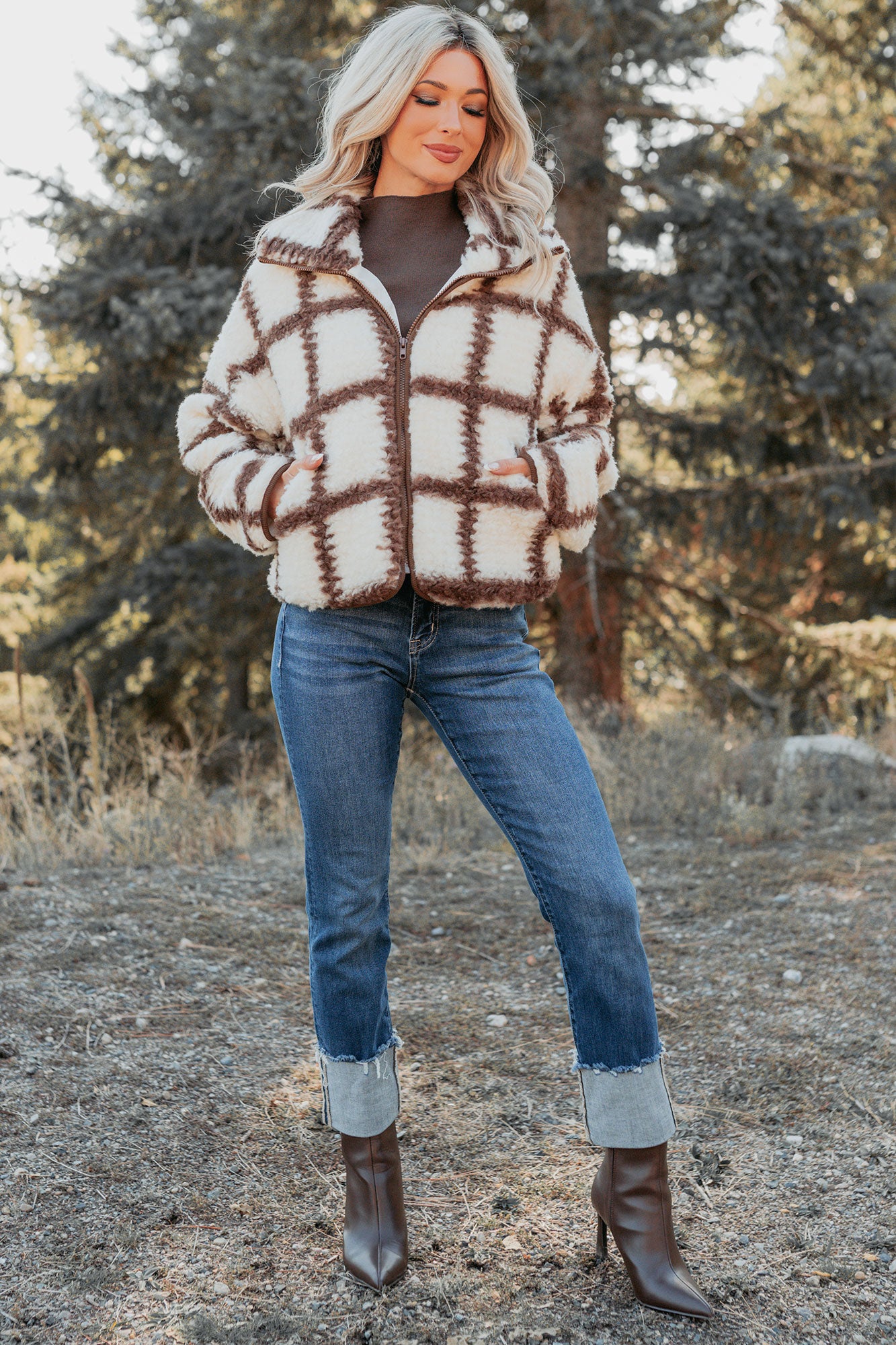 Cozy Carols Check Print Fleece Jacket (Cream/Chocolate) - NanaMacs