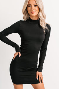 Easy To Want Mock Neck Fitted Mini Dress (Black) - NanaMacs