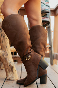 Choosing You Faux Suede Chunky Heel Boot (Chocolate) - NanaMacs