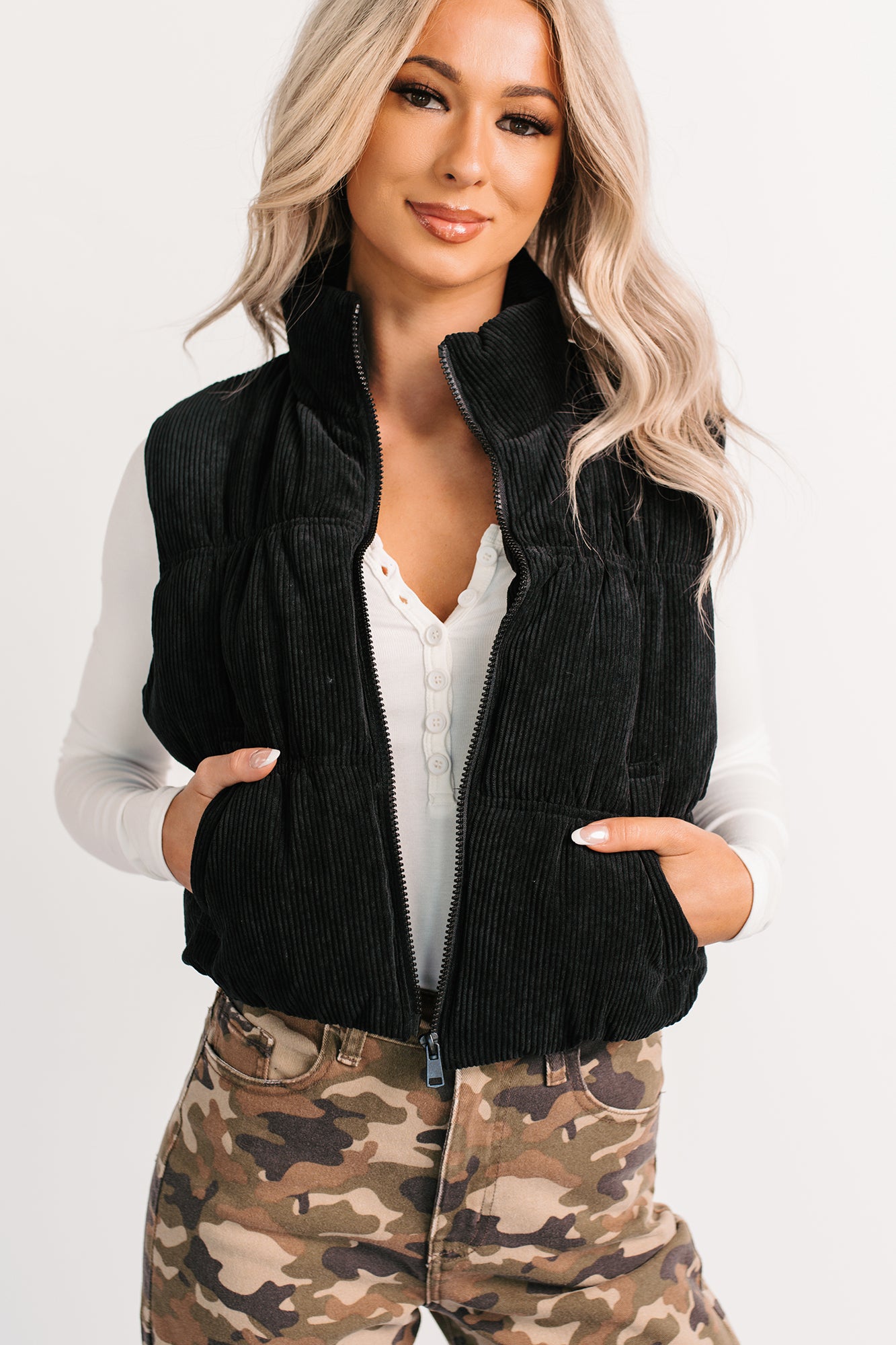 Deep Connections Corduroy Puffer Vest (Black) - NanaMacs