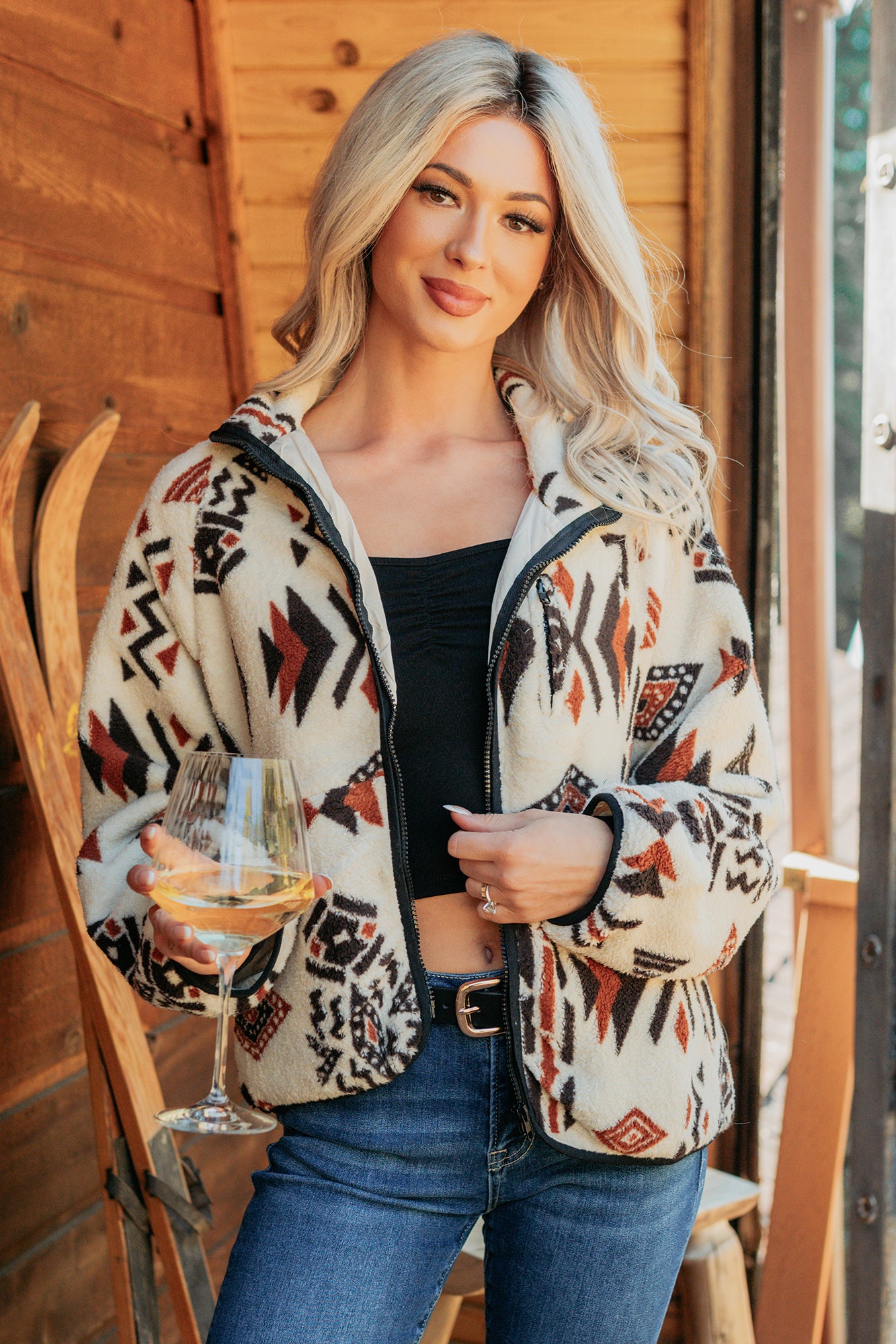 Winter Made Aztec Zip-Up Sherpa Jacket (Taupe Mix) - NanaMacs