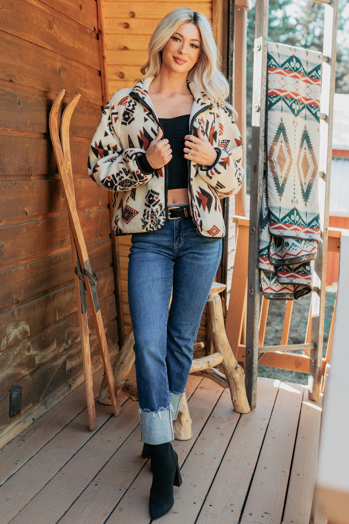 Winter Made Aztec Zip-Up Sherpa Jacket (Taupe Mix) - NanaMacs