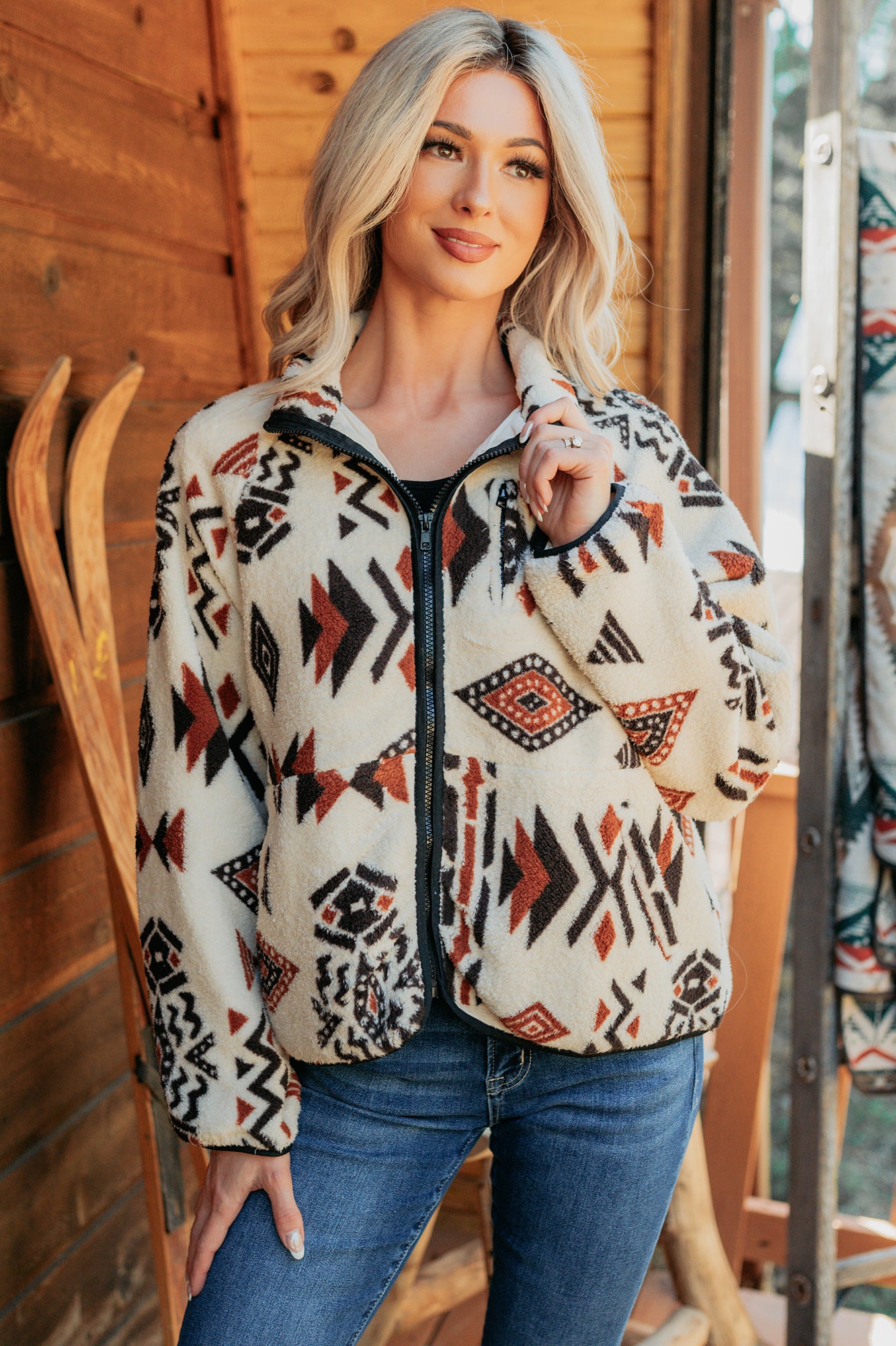 Winter Made Aztec Zip-Up Sherpa Jacket (Taupe Mix) - NanaMacs