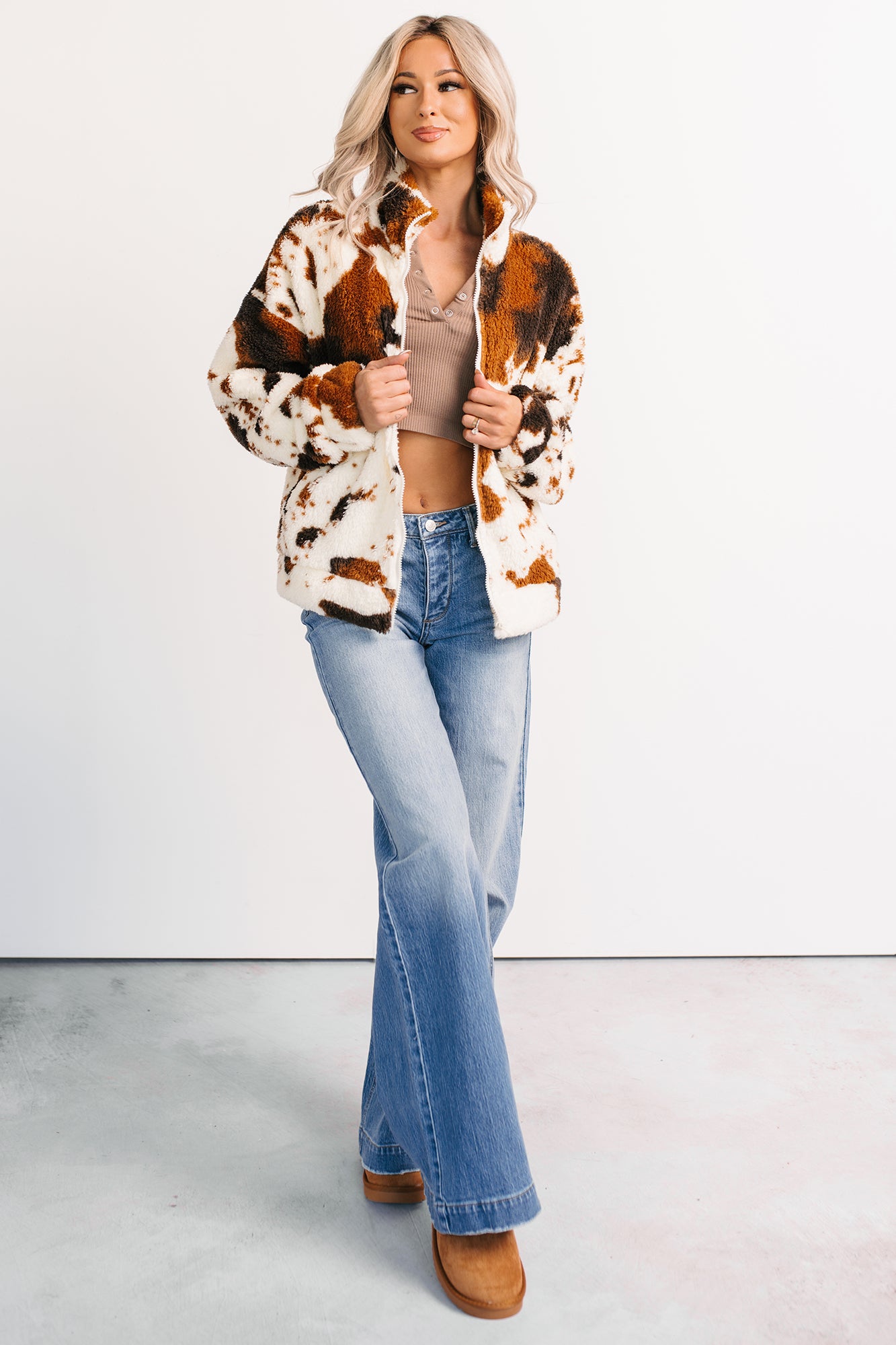 Cozying Up Cow Print Zip-Up Jacket (Brown/Multi) - NanaMacs