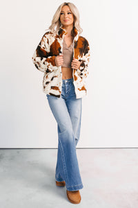 Cozying Up Cow Print Zip-Up Jacket (Brown/Multi) - NanaMacs