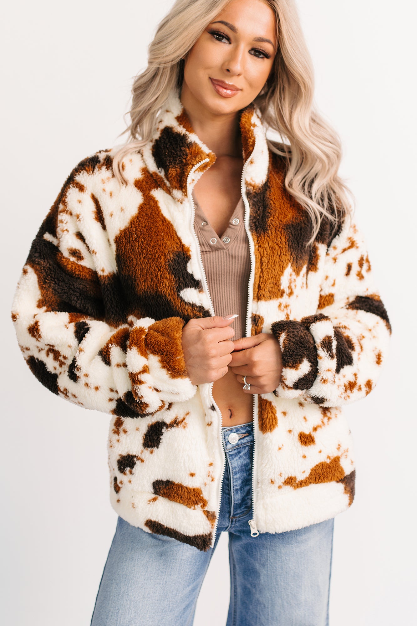 Cozying Up Cow Print Zip-Up Jacket (Brown/Multi) · NanaMacs
