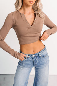 Starstruck Smiles Ribbed Henley Crop Top (Mocha) - NanaMacs