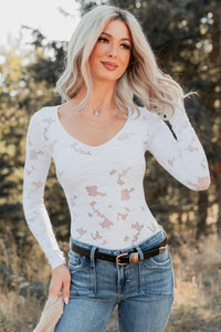 Go With It Long Sleeve Floral Textured Bodysuit (White) - NanaMacs