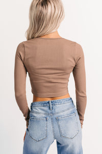 Starstruck Smiles Ribbed Henley Crop Top (Mocha) - NanaMacs