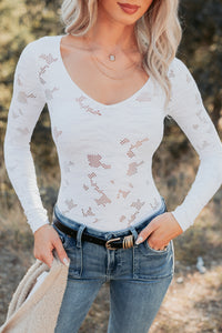 Go With It Long Sleeve Floral Textured Bodysuit (White) - NanaMacs