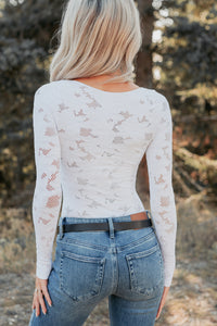 Go With It Long Sleeve Floral Textured Bodysuit (White) - NanaMacs