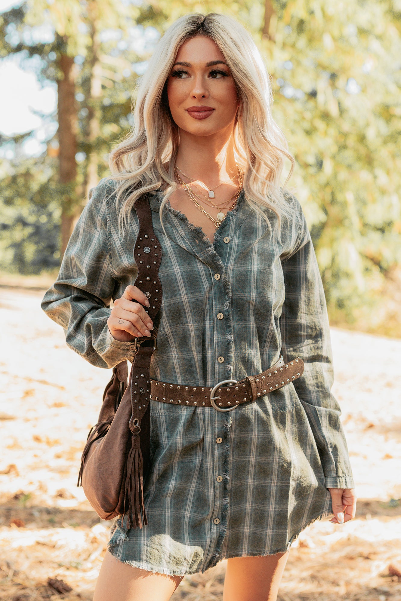 PROMESA Women's Let’s Get Lost Plaid Shirt Mini Dress in Pine Green PROMESA Women's Let’s Get Lost Plaid Shirt Mini Dress in Pine Green