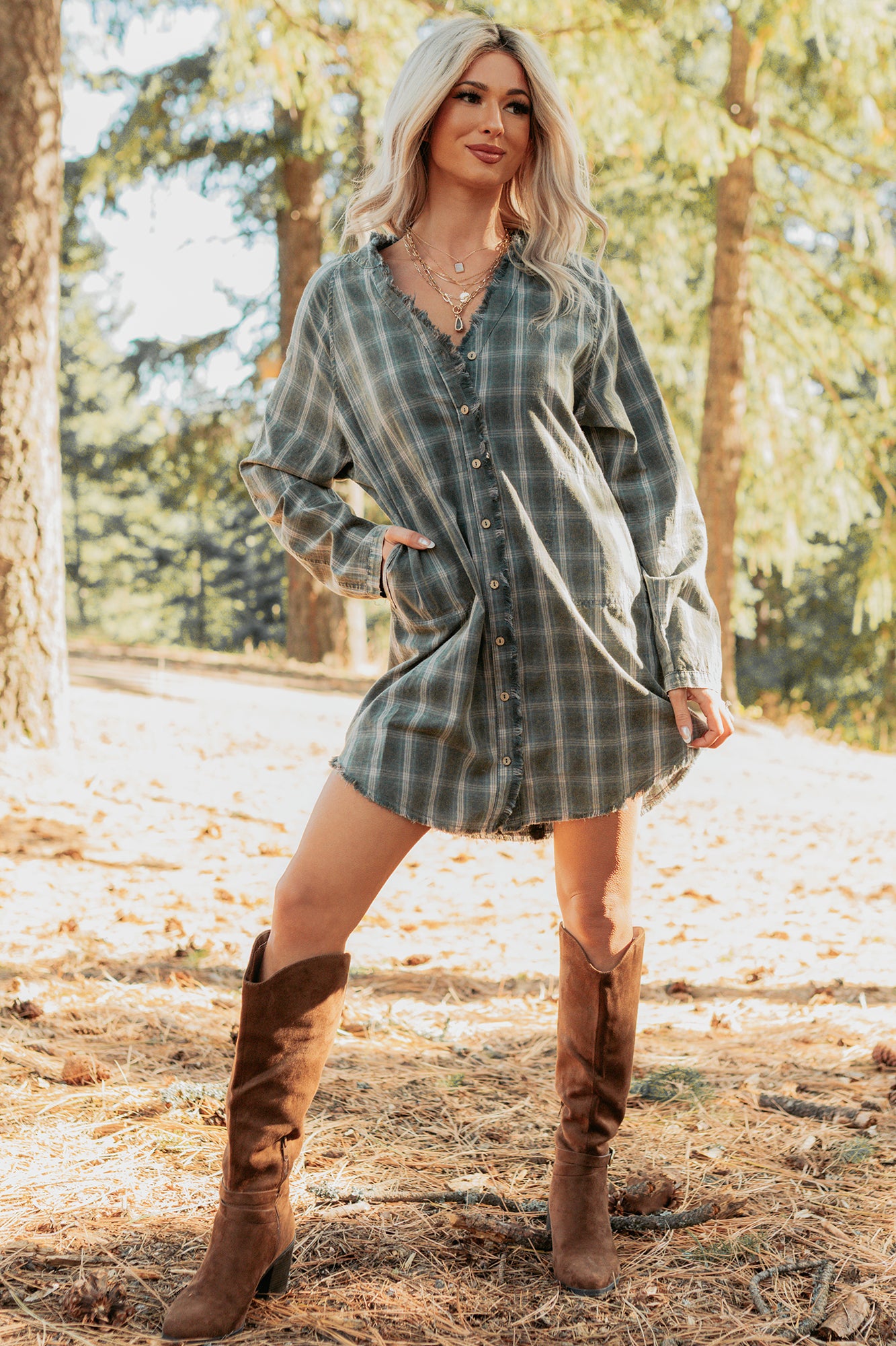PROMESA Women's Let’s Get Lost Plaid Shirt Mini Dress in Pine Green