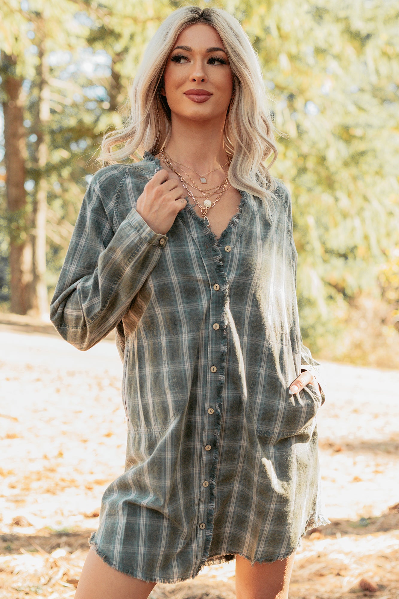 Let’s Get Lost Plaid Shirt Mini Dress (Pine Green) - NanaMacs