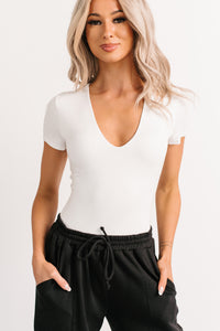 Just Like That V Neck Short Sleeve Bodysuit (Ivory) - NanaMacs
