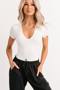 Just Like That V Neck Short Sleeve Bodysuit (Ivory) - NanaMacs