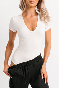 Just Like That V Neck Short Sleeve Bodysuit (Ivory) - NanaMacs