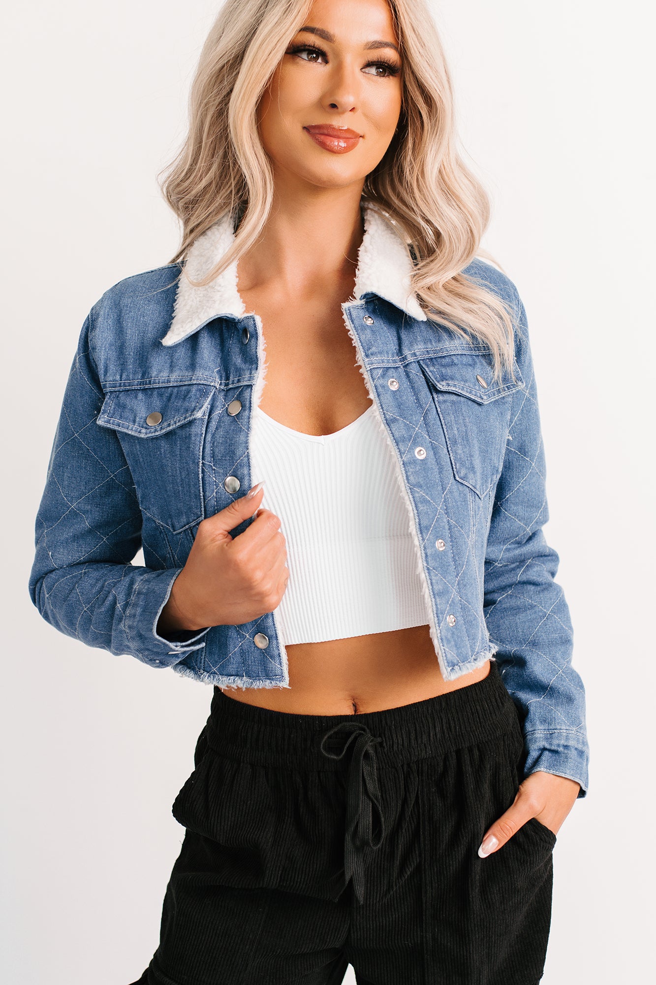 Fiercely Me Sherpa Lined Cropped Denim Jacket (Medium) · NanaMacs