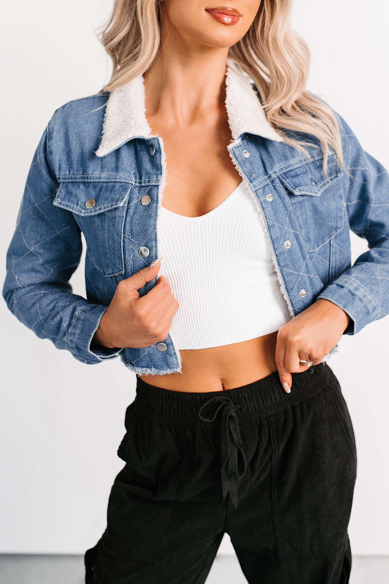 Fiercely Me Sherpa Lined Cropped Denim Jacket (Medium) · NanaMacs