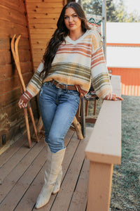 Messy Feelings V Neck Striped Knit Sweater (Multi) - NanaMacs
